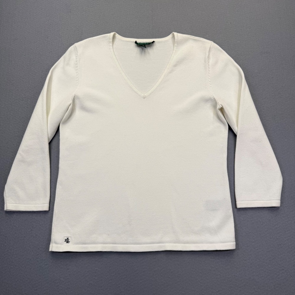 Lauren Ralph Lauren Womens Cream‎ V-Neck Cotton Blend 3/4 Sleeve Sweater Size S